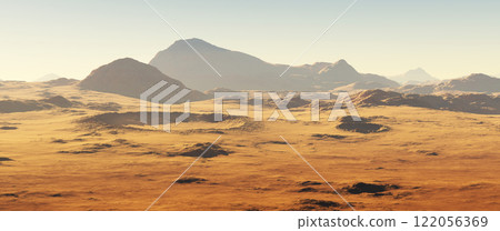 Detailed panoramic view of the Martian landscape. Mars dust storm. Detailed panoramic view of the Martian landscape. Mars dust storm. 122056369