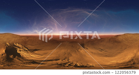 360 degree night alien desert landscape. Equirectangular projection, environment map, HDRI spherical panorama. 122056379
