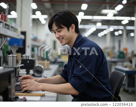 一個穿著工作服的男人站在工廠裡 122056418