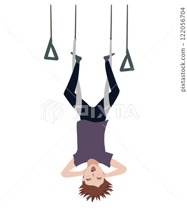 Happy kid hanging upside down in an aerial hammock. Boy exercises at antigravity yoga. Fly yoga vector isolated illustration 122056704