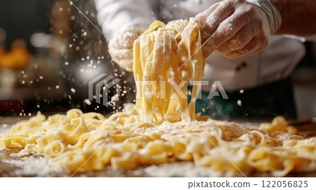 Close up of professional chef serving pasta while working in kitchen. High quality illustration Close up of professional chef serving pasta while working in kitchen. High quality illustration 122056825