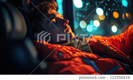 Exhausted bus passenger napping. High quality illustration 122056838