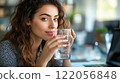 Female manager enjoying in glass of fresh water while working in office. High quality illustration 122056848