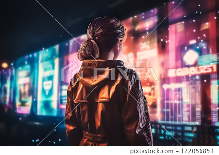 一位女士看著數位螢幕廣告的後視圖 一位女士看著數位螢幕廣告的後視圖 122056851