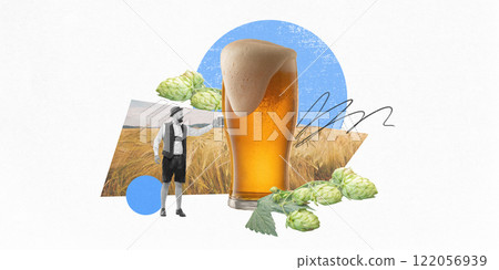 Modern graphic design. Beer glass with foam, hops, wheat field, and Bavarian figure, blending traditional festival charm with rustic Friday night mood. Modern graphic design. Beer glass with foam, hops, wheat field, and Bavarian figure, blending traditional festival charm with rustic Friday night mood. 122056939