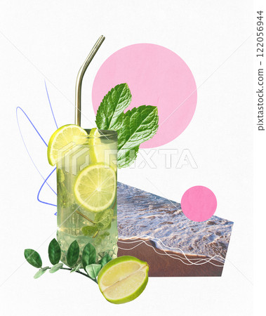 Modern artwork. Refreshing mojito with lime slices, mint leaves, artistic ocean texture, pink and green abstract design, embodying summer Friday freshness. 122056944