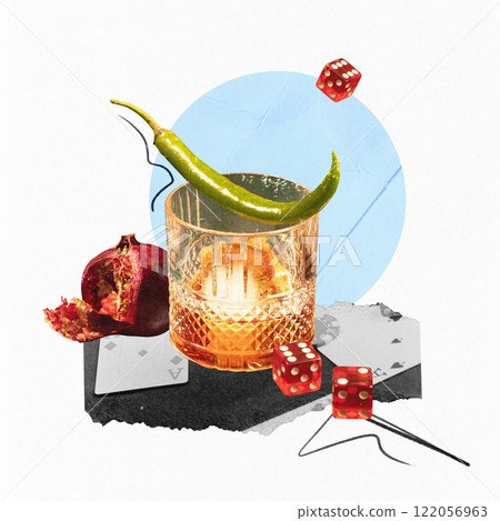 Contemporary art collage. Whiskey glass garnished with chili pepper, pomegranate, dice, and cards, symbolizing daring moments of Friday fun and vibrant energy. 122056963