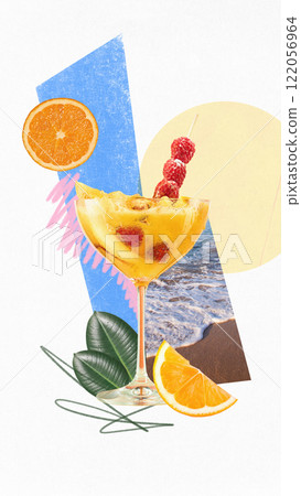 Contemporary art collage. Yellow cocktail with raspberries, orange slices, abstract beach background, colorful patterns, perfect for summer party mood. 122056964