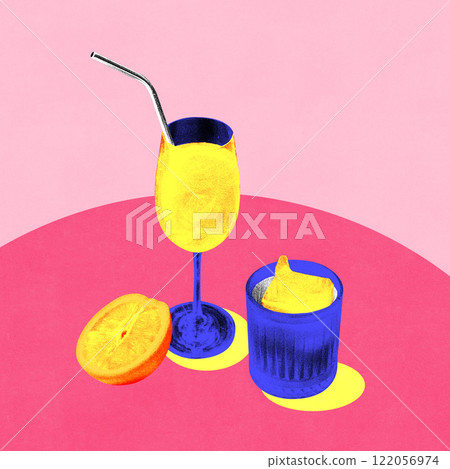 Creative graphic design. Yellow-orange drinks in blue glasses with straw, citrus slices on pink table for fresh, celebratory Friday night atmosphere. 122056974