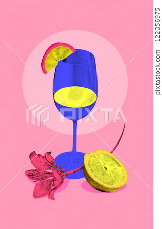 Conceptual art design. Blue wine glass with citrus slice, pink flower, and lemon half on vibrant pink background, reflecting cheerful holiday party mood. 122056975