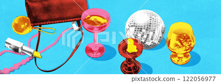 Modern artwork. Light blue coupe glass with vibrant red garnish, purple rose, and flowers on bright yellow background for lively, romantic holiday feel. 122056977
