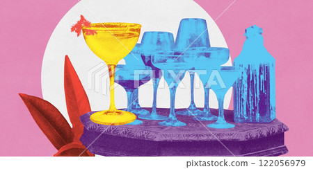 Conceptual art design. Assorted blue and gold glassware on decorative tray with red leaves on pink background for festive, stylish party celebration. 122056979