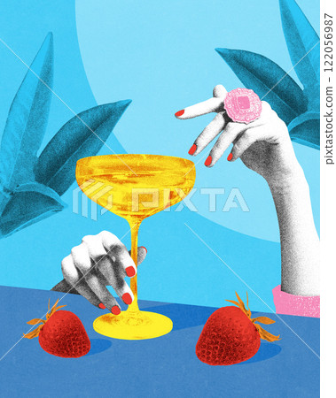 Modern artwork. Golden champagne glass held by stylish hands with red nails, surrounded by strawberries, set on vivid blue background for glamorous party energy. 122056987