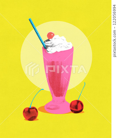 Contemporary art collage. Vibrant pink milkshake glass with whipped cream, cherry, striped straw, surrounded by cherries on bright yellow background, evoking festive vibes. Contemporary art collage. Vibrant pink milkshake glass with whipped cream, cherry, striped straw, surrounded by cherries on bright yellow background, evoking festive vibes. 122056994
