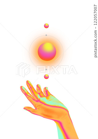 Modern artwork. Hand reaching towards glowing planetary alignment, representing connection between humanity and cosmic innovation. Modern artwork. Hand reaching towards glowing planetary alignment, representing connection between humanity and cosmic innovation. 122057007