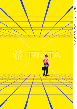 Modern artwork. Single figure walking into bright geometric grid space, symbolizing exploration of infinite possibilities in futuristic worlds. Modern artwork. Single figure walking into bright geometric grid space, symbolizing exploration of infinite possibilities in futuristic worlds. 122057010