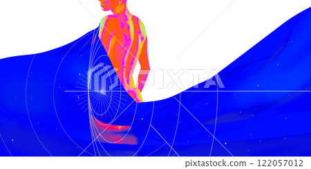 Conceptual art design. Neon figure in abstract blue space, embodying futuristic elegance and technological harmony against vibrant background. Conceptual art design. Neon figure in abstract blue space, embodying futuristic elegance and technological harmony against vibrant background. 122057012