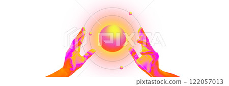 Flyer. Creative art design. Hands framing glowing sphere surrounded by orbits, portraying cosmic energy and metaverse interaction against white background. Flyer. Creative art design. Hands framing glowing sphere surrounded by orbits, portraying cosmic energy and metaverse interaction against white background. 122057013
