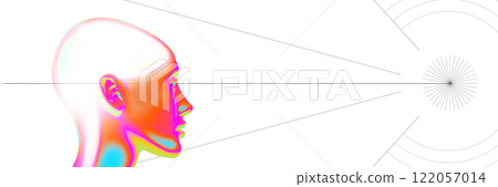 Banner. Creative art design. Colorful human profile gazing forward with geometric lines projecting, evoking futurism and scientific exploration against white background. Banner. Creative art design. Colorful human profile gazing forward with geometric lines projecting, evoking futurism and scientific exploration against white background. 122057014