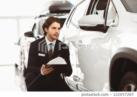 Writing Report. Serious handsome male assistant sitting near car and filling insurance form 122057267