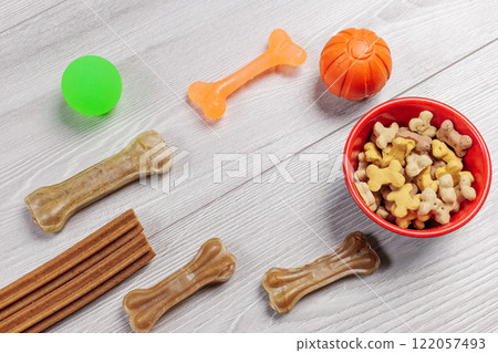 Pet supplies and playful items including dry food and toys for dogs. Pet supplies and playful items including dry food and toys for dogs. 122057493