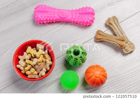 Pet supplies and playful items including dry food and toys for dogs. Pet supplies and playful items including dry food and toys for dogs. 122057510