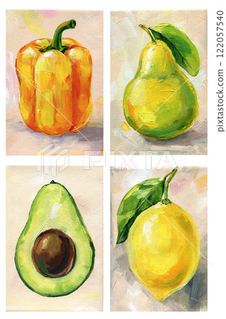 Ripe fruits vegetables on color beige background canvas, acrylic painting, vintage picture Lemon, pear, avocado, pepper 122057540