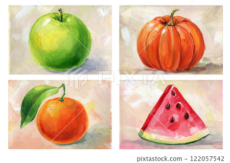 Fruits painted with acrylic on canvas, oil paintings ripe summer fruits and vegetable, paintings for interior and design Fruits painted with acrylic on canvas, oil paintings ripe summer fruits and vegetable, paintings for interior and design 122057542