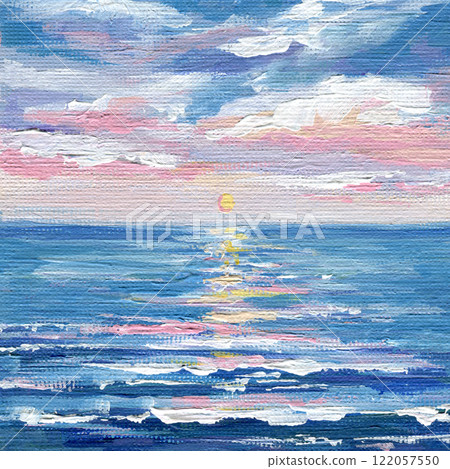 landscape acrylic painting with sunset over the ocean with colorful sky and waves. Hand-painted on canvas vibrant colors 122057550