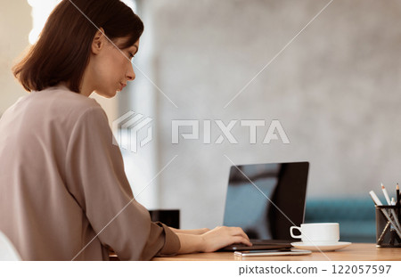 Young Woman Using Laptop Computer With View Over Her Shoulder From Behind At Modern Office Or Cafe Young Woman Using Laptop Computer With View Over Her Shoulder From Behind At Modern Office Or Cafe 122057597