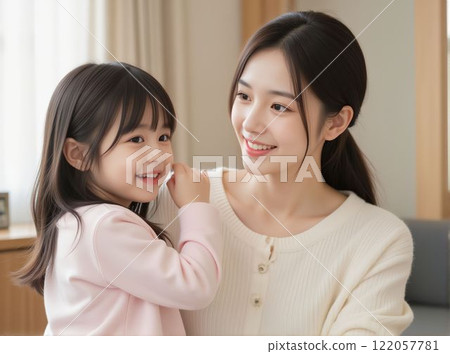 Mother and little girl relaxing in living room 122057781