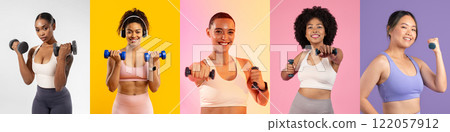 A diverse group of women is engaged in strength training, each holding dumbbells against colorful backgrounds. They showcase varying expressions of determination and empowerment while working out. A diverse group of women is engaged in strength training, each holding dumbbells against colorful backgrounds. They showcase varying expressions of determination and empowerment while working out. 122057912