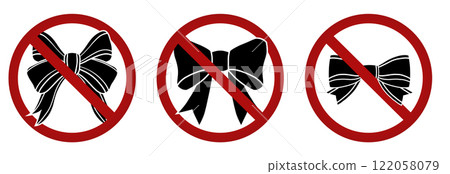 Vector set of forbidden signs with black silhouette of bows for stickers and badges. Holidays are prohibited. No gifts allowed. Vector set of forbidden signs with black silhouette of bows for stickers and badges. Holidays are prohibited. No gifts allowed. 122058079