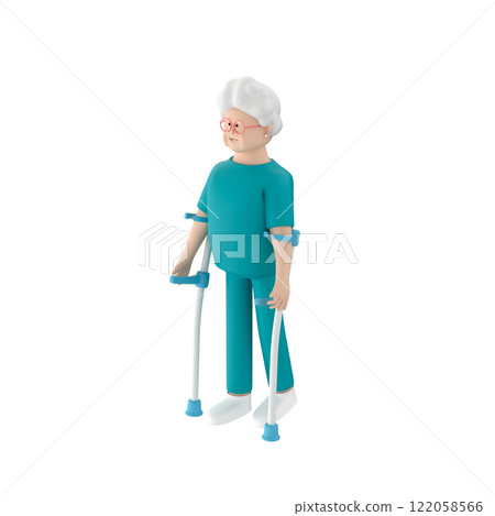 Old woman character in patient clothes walking using forearm crutches, 3d render 122058566