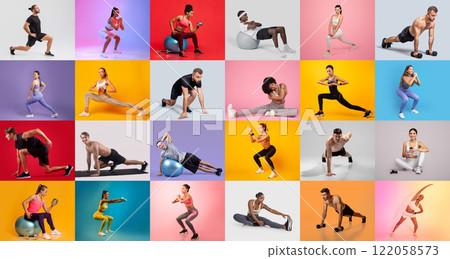 A vibrant collection of individuals engaged in various fitness activities, highlighting strength, flexibility, and motivation. The colorful backgrounds enhance the dynamic workout atmosphere. 122058573