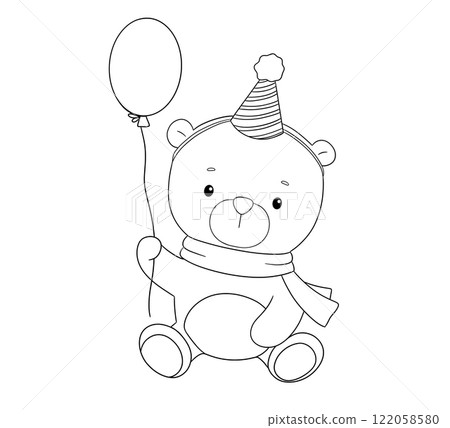 Cute bear sitting with balloon, line hand drawn illustration isolated on white background for coloring book Cute bear sitting with balloon, line hand drawn illustration isolated on white background for coloring book 122058580