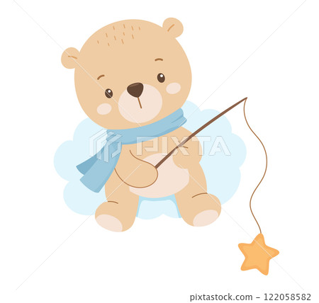 Cute bear with fishing rod sitting on cloud in sky, vector hand drawn illustration isolated on white background 122058582