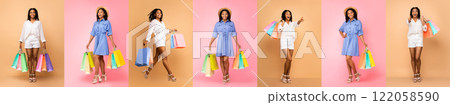 A vibrant collection of shopping moments captures people enjoying Black Friday sales and discounts. Bright colors and festive bags highlight the excitement of this shopping event. 122058590