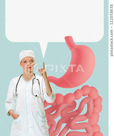 Female doctor in lab coat pointing upward to speech bubble with digestive system illustration. Medical advice and gastrointestinal health. Conceptual design. Female doctor in lab coat pointing upward to speech bubble with digestive system illustration. Medical advice and gastrointestinal health. Conceptual design. 122058638