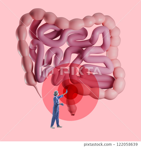 Doctor examining large intestine with red markers highlighting areas of discomfort. Gastrointestinal health and medical diagnosis. Conceptual design. Doctor examining large intestine with red markers highlighting areas of discomfort. Gastrointestinal health and medical diagnosis. Conceptual design. 122058639