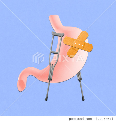 Abstract illustration of stomach with crutches and bandage, symbolizing digestive health recovery and medical care. Conceptual design. Abstract illustration of stomach with crutches and bandage, symbolizing digestive health recovery and medical care. Conceptual design. 122058641