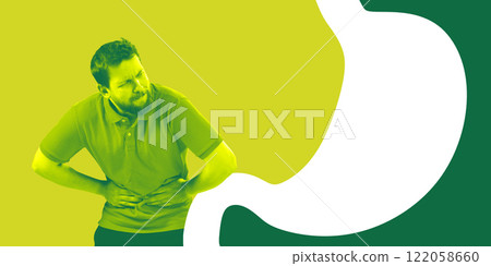 Man clutching his stomach in discomfort, with colorful digestive system background. Abdominal pain and gastrointestinal issues. Conceptual design. Man clutching his stomach in discomfort, with colorful digestive system background. Abdominal pain and gastrointestinal issues. Conceptual design. 122058660