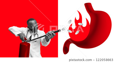 Male doctor in mask using fire extinguisher to put out a burning stomach illustration with pills. Heartburn and medical solutions. Conceptual design. Male doctor in mask using fire extinguisher to put out a burning stomach illustration with pills. Heartburn and medical solutions. Conceptual design. 122058663