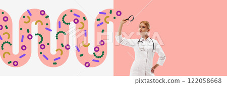 Female doctor in lab coat holding magnifying glass, examining abstract intestinal model representing microbiota and gastrointestinal health. Female doctor in lab coat holding magnifying glass, examining abstract intestinal model representing microbiota and gastrointestinal health. 122058668