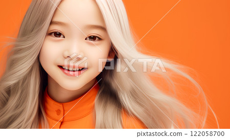 Portrait of asian girl child with long white hair creamy orange background. 122058700