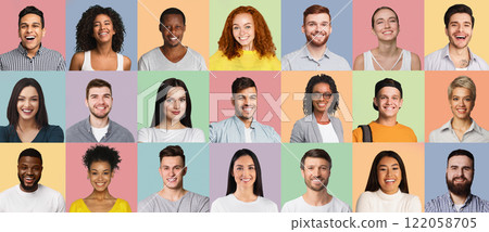 Positive Emotions Faces Collage. Set Of Diverse Human Portraits On Different Pastel Colored Backgrounds. Successful Young Millennial People Heads, Happy Multicultural Men And Women Headshots Mosaic. Positive Emotions Faces Collage. Set Of Diverse Human Portraits On Different Pastel Colored Backgrounds. Successful Young Millennial People Heads, Happy Multicultural Men And Women Headshots Mosaic. 122058705