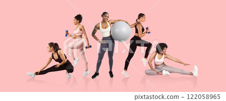 Five women are engaged in various workout activities, including lifting weights, using a gym ball, and stretching. They demonstrate strength and fitness in a bright, colorful setting. 122058965