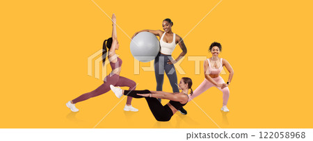 Four women perform different workouts using a stability ball and bodyweight exercises. They are dressed in colorful athletic wear and exude a sense of energy and motivation. 122058968
