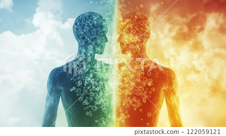 Two silhouetted figures merge at the center, one in cool blue with bubbles, the other in fiery orange. This artwork symbolizes the balance between tranquility and turmoil, evoking deep reflection. 122059121