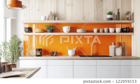 A modern kitchen with white cabinets, a wooden countertop, and an orange glass backsplash 122059153